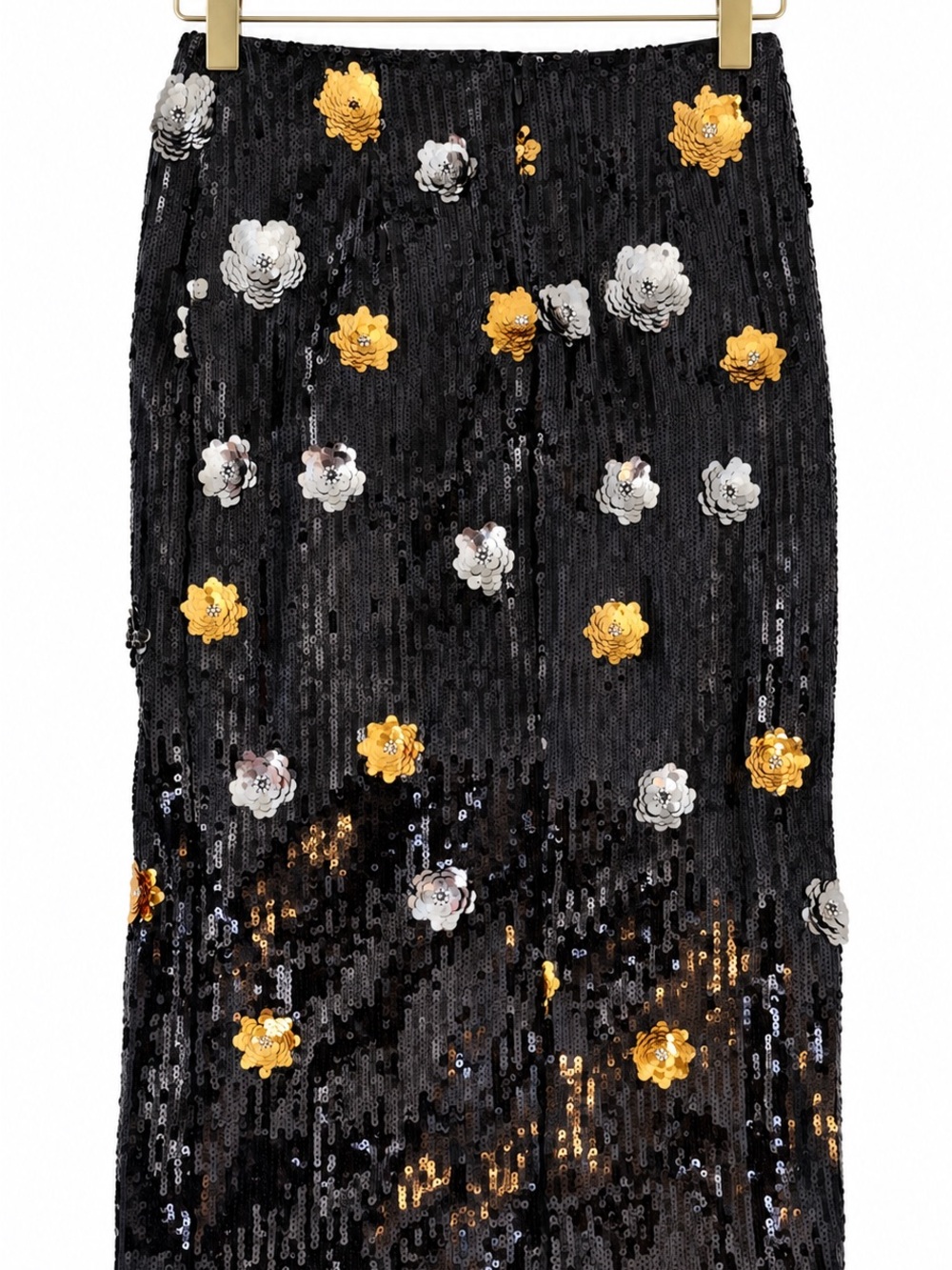 Milly Black Sequin Pencil Skirt with Gold & Silver Floral Appliqués